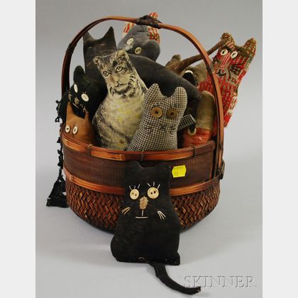 Basket of Thirteen Folk Art Cloth Cats. 