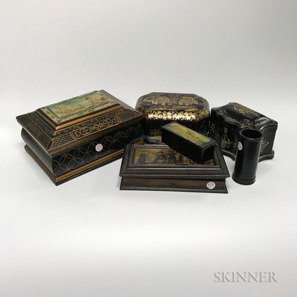 Eight Mostly Lacquered Boxes and Holders
