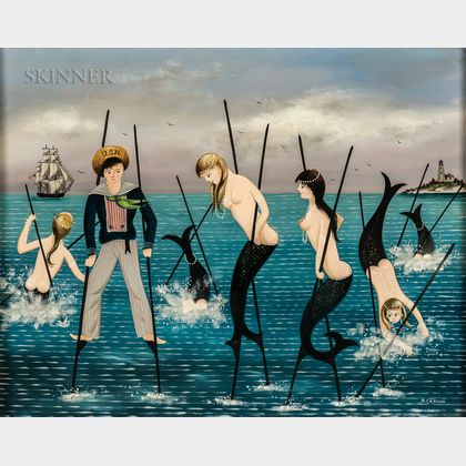 Ralph Eugene Cahoon Jr. (American, 1910-1982) Sailor and Mermaids on Stilts