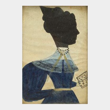 Attributed to the Artist Known as the Puffy Sleeve Artist active c. 1830 Miniature Silhouette Portrait of a Woman Wearing a Blue Dress 