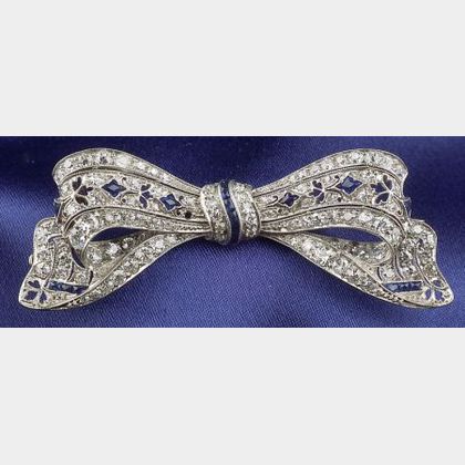 Art Deco Platinum, Sapphire and Diamond Bow Pin