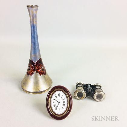 Small Cartier Desk Clock, an Enameled Metal Bud Vase, and a Pair of Japanese Metal Opera Glasses