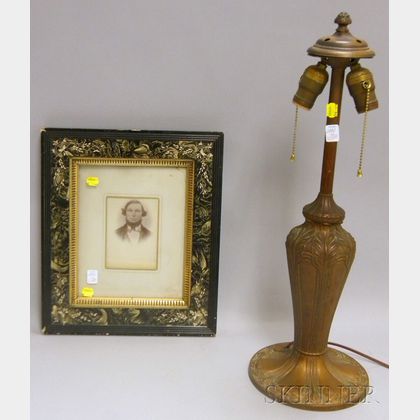 Victorian Faux Marble Black Lacquered Frame with Gilt Liner and a Painted Cast Metal and Iron Table Lamp Base