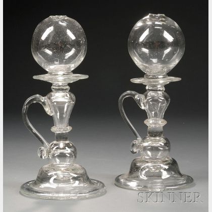 Pair of Colorless Free-blown Glass Whale Oil Lamps