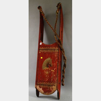 Red-painted and Horse Portrait Decorated Wooden and Sled