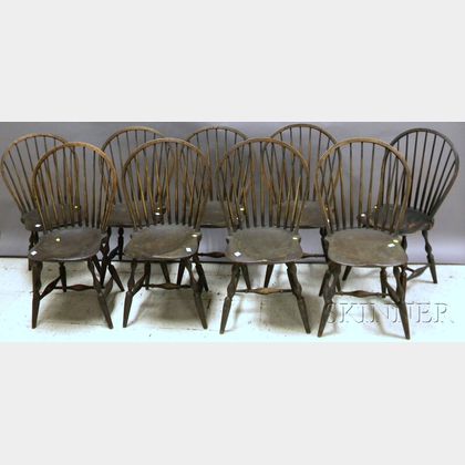 Set of Nine Brown-painted Windsor-style Bow-back Side Chairs and a Black-painted Windsor-style Bow-back Side Chair