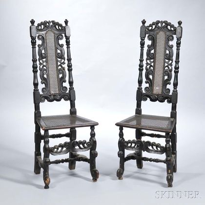 Pair of Baroque Black-painted and Caned Side Chairs