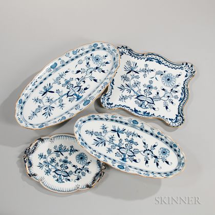 Four Meissen "Blue Onion" Pattern Porcelain Trays