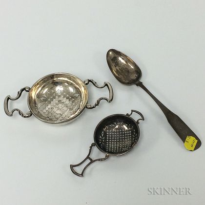 English Sterling Silver Tea Strainer, Coin Silver Tablespoon, and Silver-plated Tea Strainer