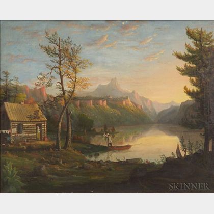 American School, 19th Century Hudson River Valley Landscape with Log Cabin and Figures.