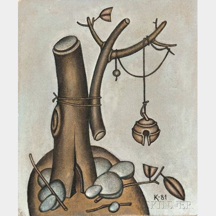 Dmitry Mikhailovich Krasnopevtsev (Russian, 1925-1995) Metaphysical Still Life with Broken Tree and Hanging Bell