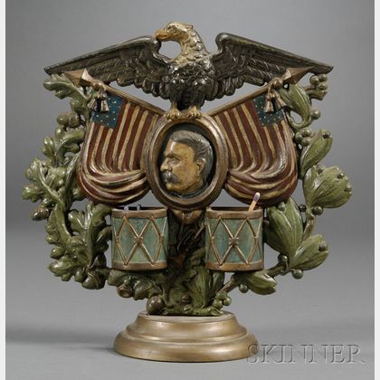 Polychrome Painted Cast Iron Teddy Roosevelt, Eagle and Flags Match Holder Stand