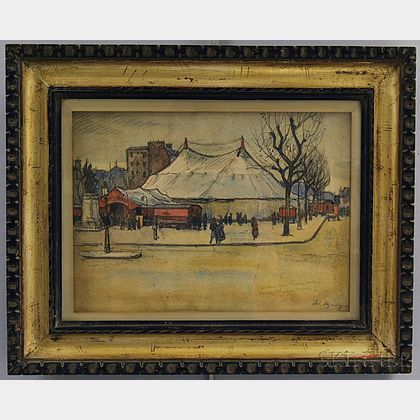 Édouard Elzingre (Swiss, 1880-1966) Study (with Inscriptions) of a Circus Tent in an Urban Setting.
