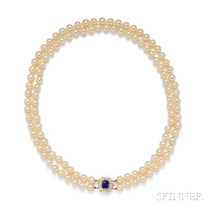 Sapphire, Cultured Pearl, and Diamond Necklace