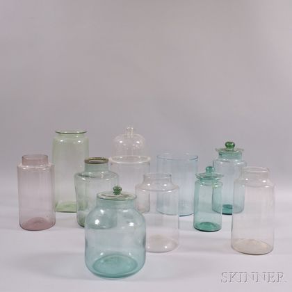 Ten Colorless, Aqua, and Amethyst Blown Glass Jars