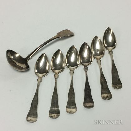 Six Boston Coin Silver Teaspoons and a Silver-plated Ladle