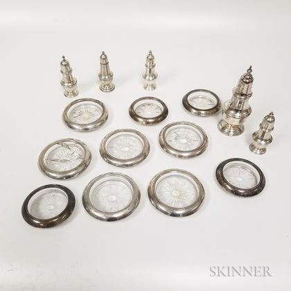 Ten Silver-mounted Glass Coasters and Sterling Silver Salt Shakers