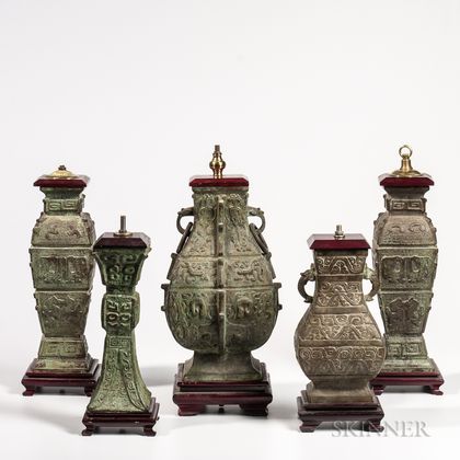 Five Archaic-style Bronze Lamp Vases