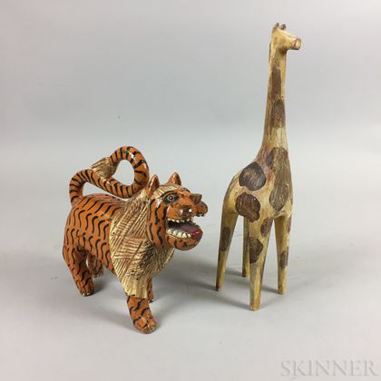 Polychrome Carved Wood Tiger and Giraffe