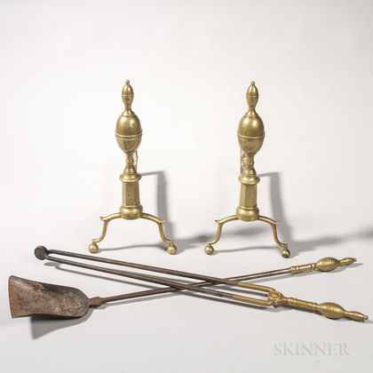 Pair of Brass and Iron Double Lemon-top Andirons and Tools