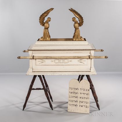 Carved and Painted Odd Fellows Ark of the Covenant with Gold-painted Angels and Painted Ten Commandments Tablet
