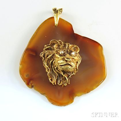 14kt Gold and Agate Lion Pendant