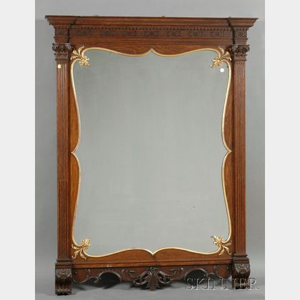 Large Chippendale Style Oak and Parcel Gilt Mirror