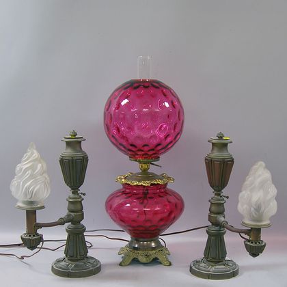 Pair of Bronze J. & I. Cox Argand Lamps and a Ruby Glass "Gone With the Wind" Lamp