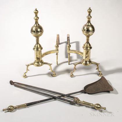 Pair of Brass and Iron Belted Ball and Spire Andirons and Tools