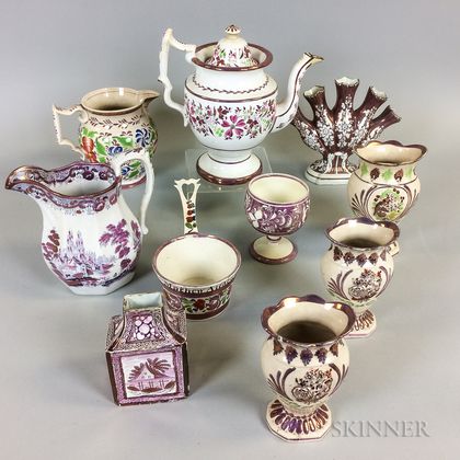 Ten Staffordshire Pink Lustre Ceramic Items