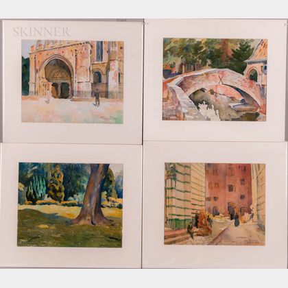 John Lavalle (American, 1896-1971) Four Watercolor Scenes of Europe: Bruges, 1926 ; Chalfont, St. Peter, 1925 ; Moissac, 1926