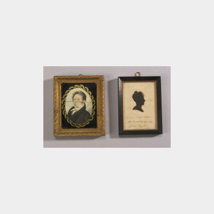 American School, 19th Century Lot of Two: A Miniature Portrait of a Gentleman and a Silhouette of Jane Taylor.