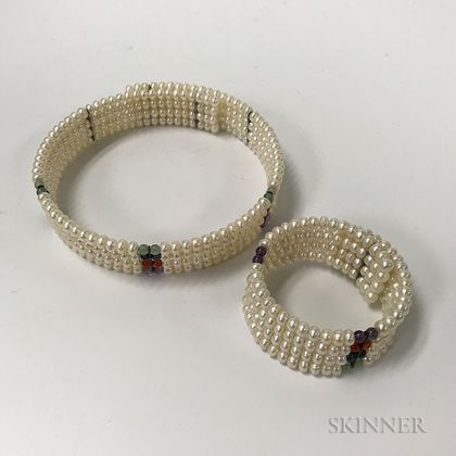 Freshwater Pearl and Hardstone Beaded Multi-strand Collar and Cuff