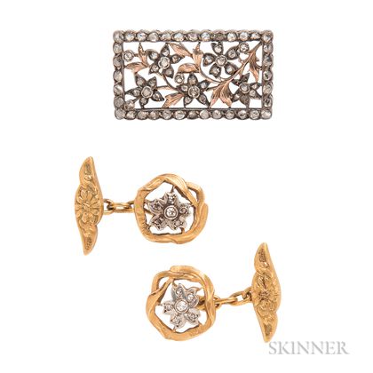 Art Nouveau 18kt Gold and Diamond Cuff Links and Diamond Brooch