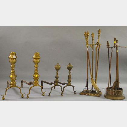 Two Pairs of Brass Andirons and Eight Brass Fireplace Tools and Stands