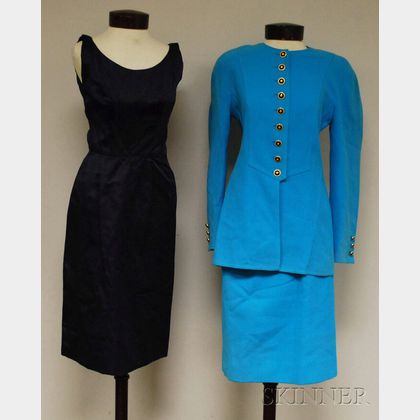 Vintage Blue Wool Louis Féraud Two-piece Suit and an Unlabeled Navy Blue Tank Dress