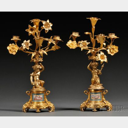 Pair of Sevres-style Porcelain Mounted Dore Bronze Candelabra