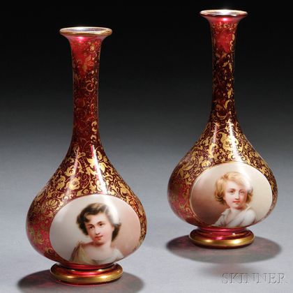 Pair of Bohemian Cranberry Glass Portrait Vases