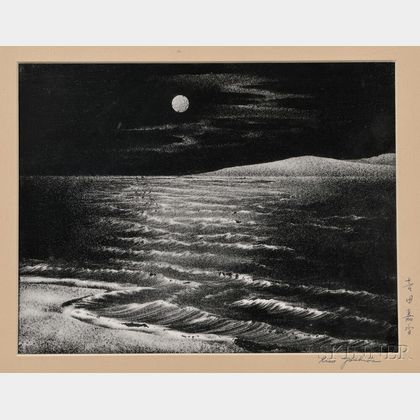 Woodblock Print Depicting a Moonlit Seascape