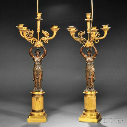 Pair of Empire-style Figural Parcel-gilded Bronze Five-light Candelabra