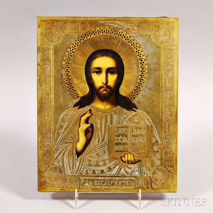Russian Brass Riza Icon Depicting Christ Pantocrator