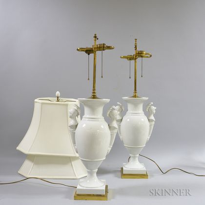 Pair of White Ceramic Urn-form Lamps with Shades