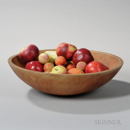 Turned Wooden Bowl Containing Approximately Twenty-five Pieces of Stone Fruit