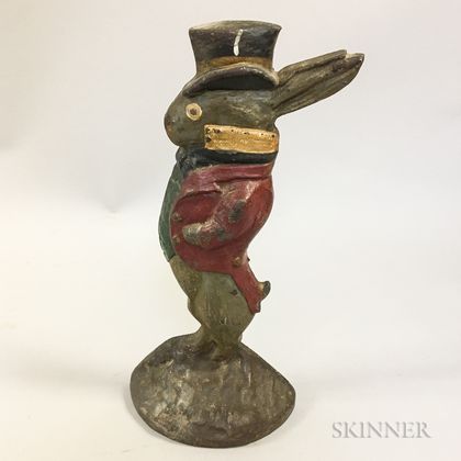 Polychrome Cast Iron Doorstop of a Rabbit with a Top Hat