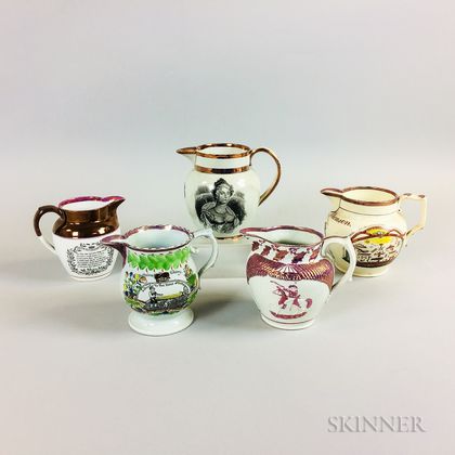 Five Staffordshire Pink Lustre Commemorative Ceramic Items