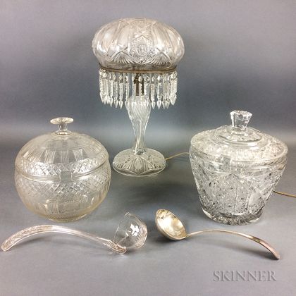 Two Colorless Cut Glass Punch Bowls and a Lamp