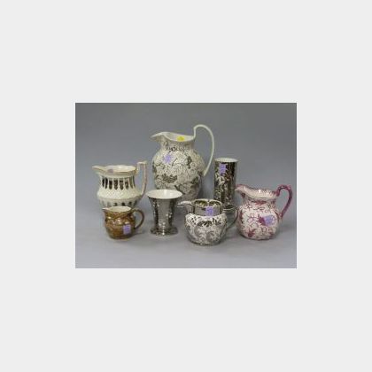Five Wedgwood Lustre Decorated Ceramic Pitchers and Two Vases. 