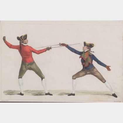 Four Framed Hand Colored Copper Engravings of Fencing Scenes