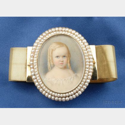 Antique 18kt Gold Portrait Miniature and Seed Pearl Bracelet