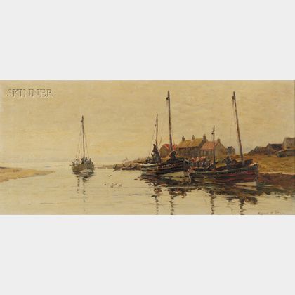 Robert Weir Allan (British, 1852-1942) Boats at the Riverbank